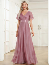Elegant V-Neck Pleated A-Line Bridesmaid Dress with Short Sleeves